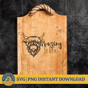 Highland Cow Charcuterie Snijplank Grazing Board Lasergraveren SVG-bestand grappige gezegden Png Lightburn Glowforge Laser SVG-bestand hout teken
