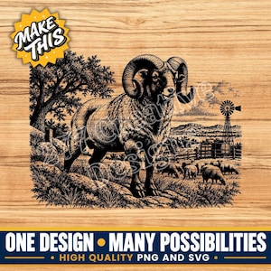 May include: A black and white digital illustration featuring a large ram with curved horns standing on a rocky hill. The background shows a tree, a windmill, and a small flock of sheep in a field. The text "MAKE THIS" appears in a yellow starburst.