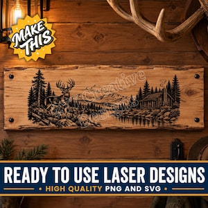 May include: A rectangular wooden sign featuring a black laser-engraved illustration of a deer standing in a forest near a cabin and mountains. The sign has natural wood grain, rough edges, and four dark metal studs at the corners for mounting.