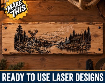 Hirsch und Hütte – Großformatige Laserschnittdatei, Gravurdesign SVG PNG (Digitaler Download)