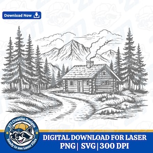 Może przedstawiać: Czarno-biała ilustracja chaty w lesie z górami w tle. Dym unosi się z komina. Obraz zawiera tekst "DIGITAL DOWNLOAD FOR LASER PNG | SVG | 300 DPI".
