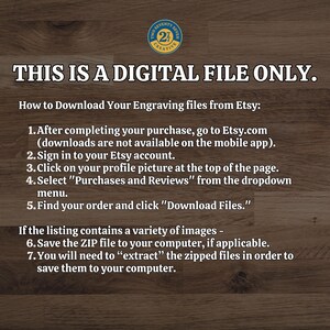 May include: A digital file download instruction guide for Etsy. The text explains how to download digital files after purchasing them on Etsy.com. The text also mentions that downloads are not available on the mobile app.
