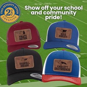 May include: Four different baseball caps with a patch on the front. The patches are brown leather with a white outline and feature a silhouette of a mascot and the name of the school. The caps are red, blue, black, and blue with a red brim.