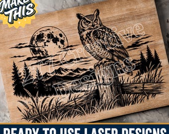 Eule auf Zaun im Mondlicht – Lasergravur-Datei (SVG/PNG), Virginia-Uhu, Sublimations-CNC-Druck, Digitaler Download