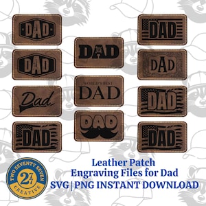 Paquete de archivos cortados con láser SVG de parche de sombrero de cuero para papá, archivo láser PNG para parche de papá, parches del Día del Padre, parche para gorra, parche de cuero repujado Glowforge