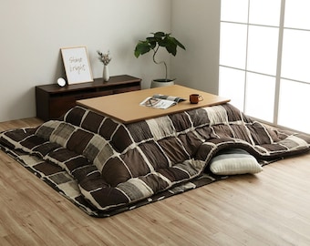 Kotatsu Futon & Mat Set Fluffy Premium Cotton Blanket Table Square Rectangle Traditional Brown Plaid Japanese Craftsman Made in Japan 1512