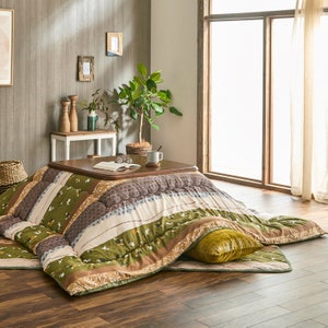 Kotatsu Futon & Mat Set Fluffy Premium Cotton Blanket Table Square Rectangle Shape Green, Comforter, Futon Craftsman, Made in Japan 2378