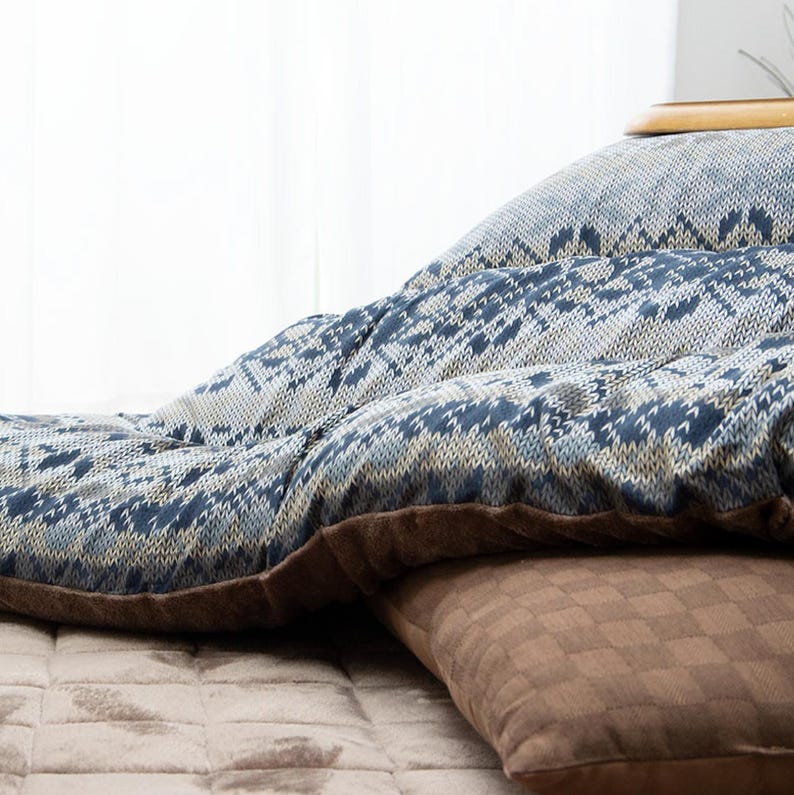 Kotatsu Futon Japanese Comforter Fluffy Blue Premium Cotton Flannel Blanket Table - Thumbnail 3