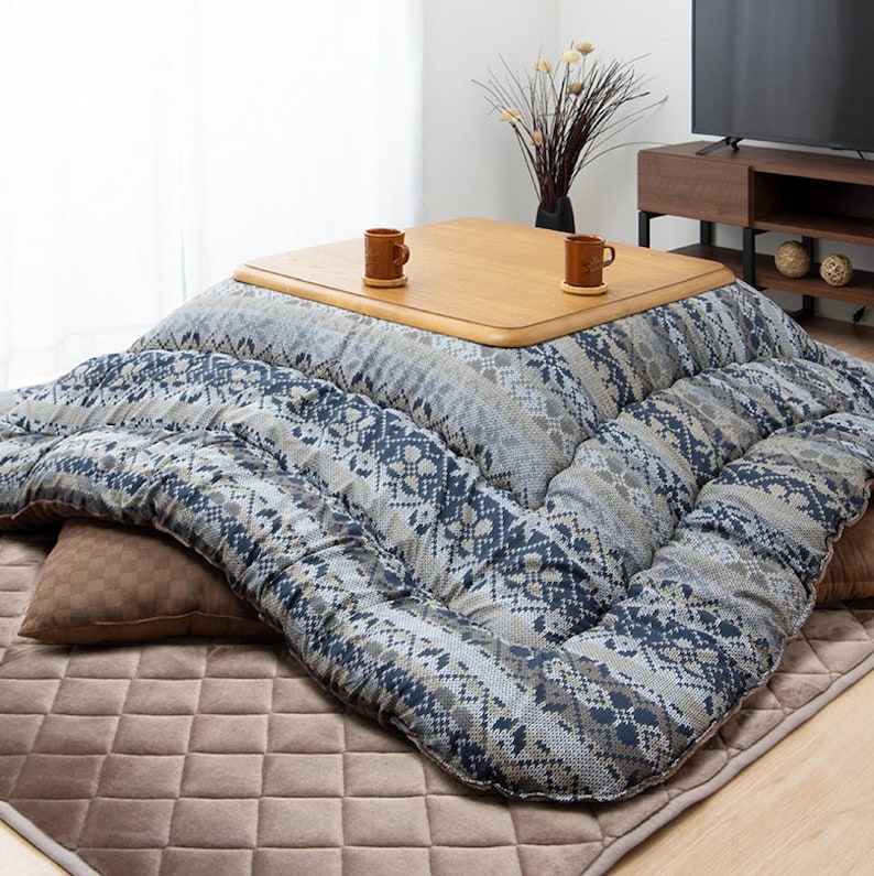 Kotatsu Futon Japanese Comforter Fluffy Blue Premium Cotton Flannel Blanket Table
