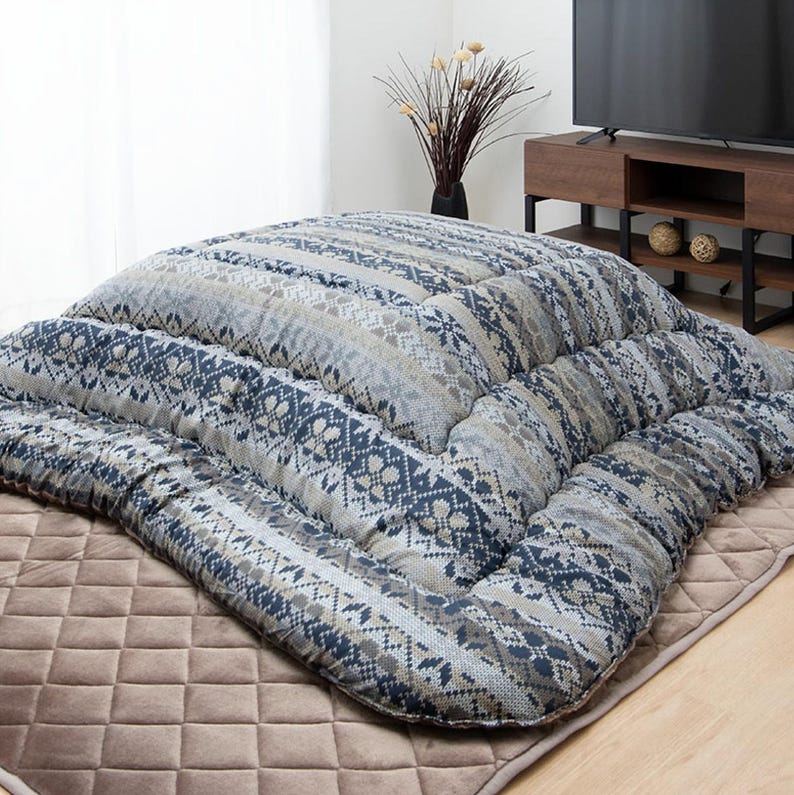 Kotatsu Futon Japanese Comforter Fluffy Blue Premium Cotton Flannel Blanket Table - Thumbnail 2