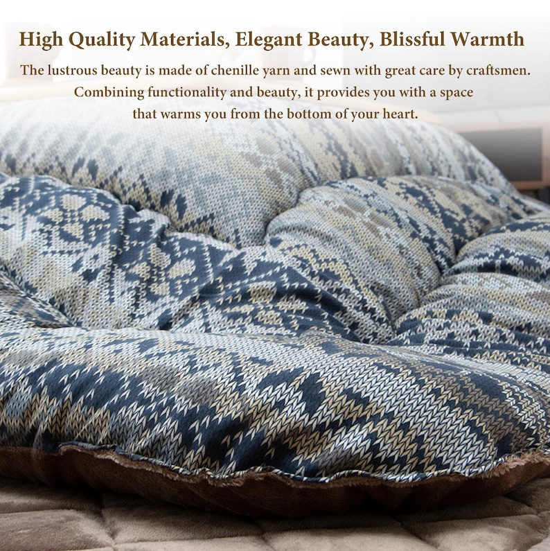 Kotatsu Futon Japanese Comforter Fluffy Blue Premium Cotton Flannel Blanket Table - Thumbnail 4