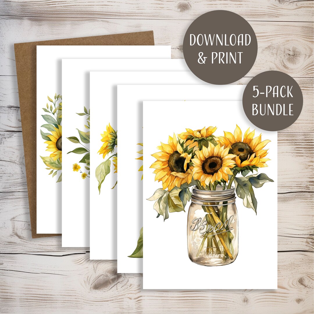 Sunflower Greeting Card Bundle W/ Envelope, Printable Templates ...