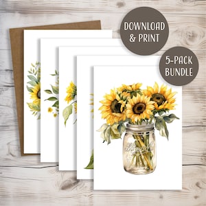 Pacchetto di biglietti d'auguri girasole con busta, modelli stampabili, download istantaneo, formato JPEG, 5x7"