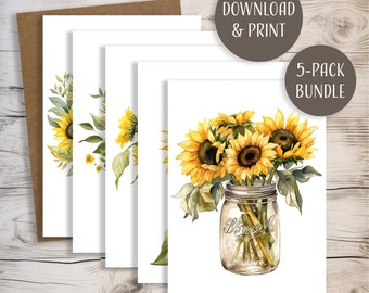 Sunflower Greeting Card Bundle w/ Envelope, printable templates, instant download, JPEG format, 5x7”