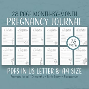 Diario del embarazo / Descarga digital imprimible / 10 meses / La historia del nacimiento / Posparto / Sugerencias de indicaciones adicionales / Tamaño carta de EE. UU. / A4 / PDF