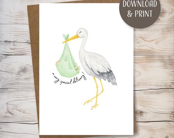 Baby Greeting Card w/ Envelope, printable template, instant download, JPEG format, 5x7”