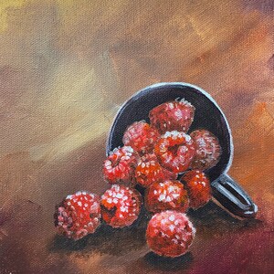 Raspberry Painting, Fruit Still Life, Kitchen Decor, Dining room Wall Art Dessert Lover Gift Acrylic on Canvas