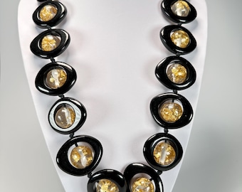Jackie Brazil &quot;Saturn ‘’Black and Gold Flakes Disc & Ball Long 75cm Necklace