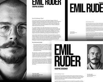 May include: Black and white cover letter template for a graphic designer named Emil Ruder. The template features a professional headshot of the designer and contact information. The text includes the designer's name, title, and a brief description of their skills and experience.