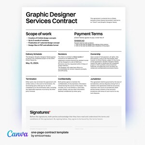 Modelo de contrato de uma página do Canva para designers gráficos | Fundamentos criativos para pequenas empresas | Documento legal de tamanho mínimo de carta dos EUA