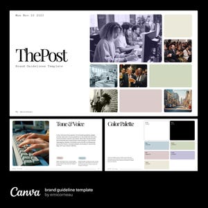 Könnte beinhalten: Eine Markenrichtlinienvorlage für "ThePost" mit einer Farbpalette, einem Abschnitt über Ton und Stimme sowie einem Canva-Logo. Die Farbpalette umfasst Weiß, Schwarz, Blau, Grün und Grau.