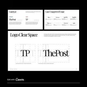 Logotype style guidelines. 3 different sub pages: logotype, unnaproved usage, and clear space. White background, minimalist design. Edit with Canva.