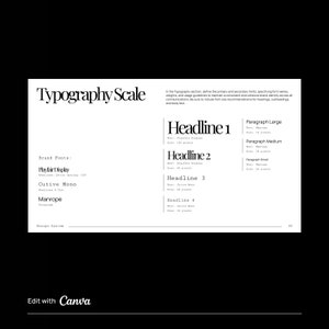 Typography Scale of the brand fonts. The brand uses Serif fonts, mono fonts and sans serif typeface. Elegant design. Edit with Canva.