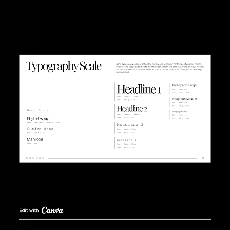 Typography Scale of the brand fonts. The brand uses Serif fonts, mono fonts and sans serif typeface. Elegant design. Edit with Canva.