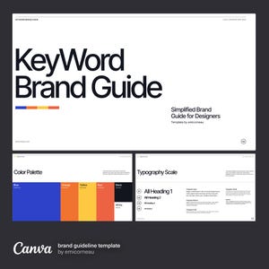 May include: A brand guide template for designers with the title "KeyWord Brand Guide". The template includes a color palette with blue, orange, yellow, red, black, and white colors. It also includes a typography scale with different heading sizes.