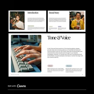 Brand strategy layouts, minimal layouts and aesthetic design. Brand overview, Brand Story and Tone & Voice. Edit with Canva.