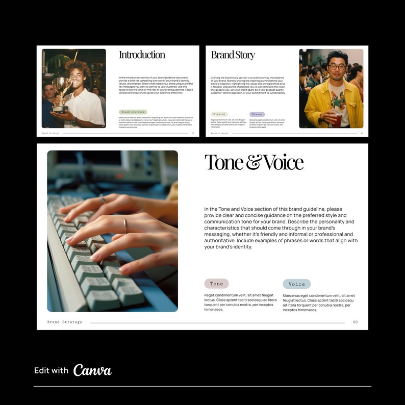 Brand strategy layouts, minimal layouts and aesthetic design. Brand overview, Brand Story and Tone & Voice. Edit with Canva.