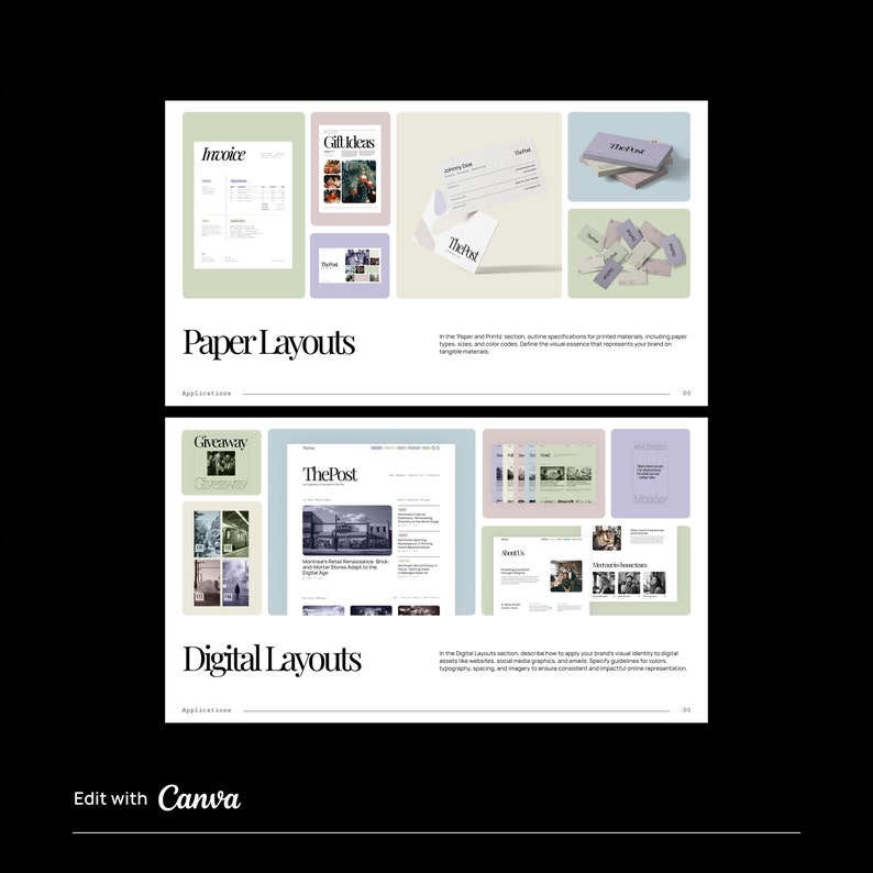 Style guidelines for digital and paper layouts. Pastel colors, elegant design, aesthetic design. Layouts of blogs, business cards, instagram posts, newsletter, invoice.