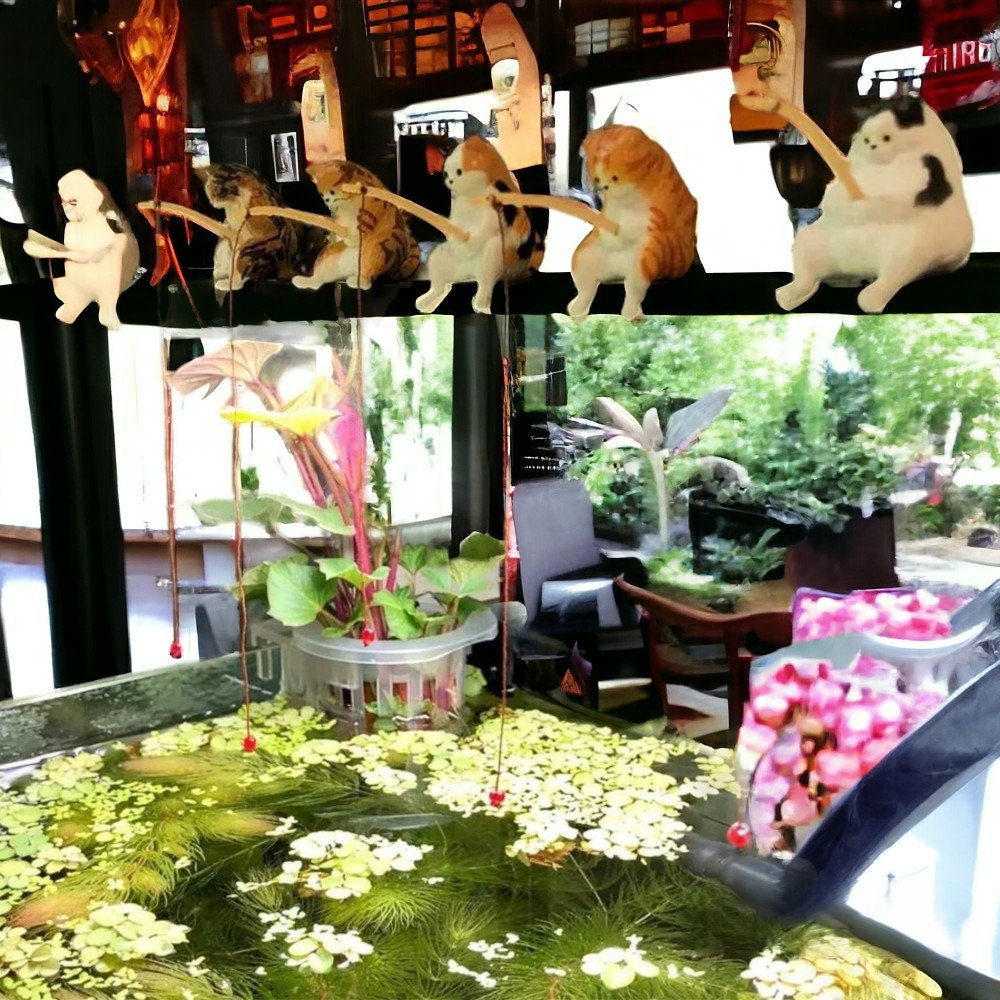 Aquarium Fishing Cats Figurine, Japanese Gashapon Toys, Cat Miniature