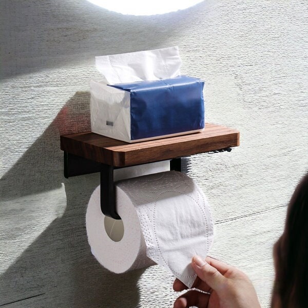 Toilet Paper Holder with Shelf Black - AODORAN Walnut Aluminum Rustproof  Wall Mounted Toilet Paper with Phone Shelf Bathroom Tissue Roll Holder  Toilet