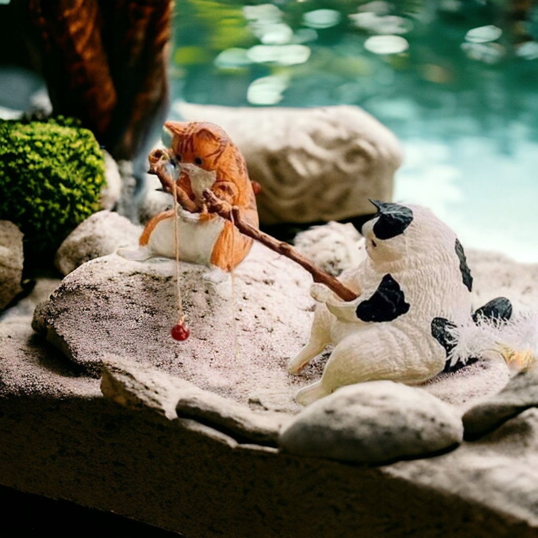 Aquarium Fishing Cats Figurine, Japanese Gashapon Toys, Cat Miniature