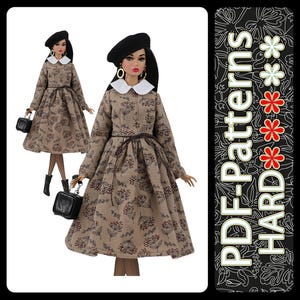 May include: Two fashion dolls wearing long-sleeved dresses with floral patterns, white collars, and black berets. Each doll carries a black purse. The dresses are cinched at the waist with a brown belt. The background features the text "PDF-Patterns HARD".