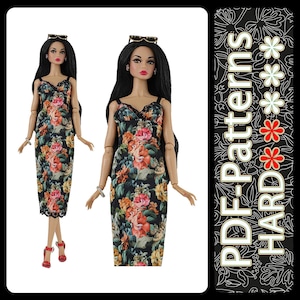 Könnte beinhalten: Zwei Modepuppen in Kleidern mit Blumenmuster. Die Kleider haben einen schwarzen Hintergrund mit bunten Blumen. Die Puppen haben lange schwarze Haare und Sonnenbrillen. Der Text "PDF-Patterns HARD" ist auf dem Bild zu sehen.