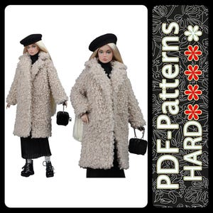 May include: Two dolls are shown wearing beige faux fur coats, black berets, and black boots. Each doll carries a black handbag. The background has a black and white design with the text "PDF-Patterns HARD".