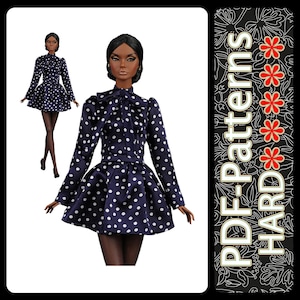 May include: A doll wearing a navy blue dress with white polka dots. The dress has long sleeves and a flared skirt. The image also includes a smaller image of the doll in the same dress. The text "PDF-Patterns HARD" is on the right side of the image.