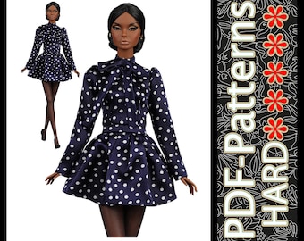 Modello PDF (senza istruzioni) Mini abito a pois con fiocco per bambola alla moda da 11 1/2″ (29 cm) in scala 1/6 di Elenpriv