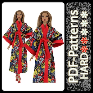 May include: Two fashion dolls wearing colorful patterned robes with red trim and matching belts. The robes feature a design with yellow, blue, and red elements. The text "PDF-Patterns HARD" is on the right side of the image.