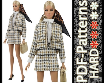 Modello PDF (senza istruzioni) Giacca e minigonna con finiture di perle per bambola alla moda da 11 1/2″ (29 cm) in scala 1/6 di Elenpriv