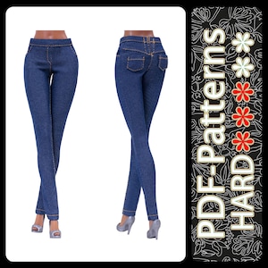 May include: Two views of blue denim jeans with a classic five-pocket design. The jeans are shown on a mannequin, with a front and back view. The text "PDF-Patterns HARD" is on the right side of the image.