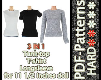 Patrón en PDF (sin instrucciones) Camiseta sin mangas, camiseta de manga larga para muñeca de moda de 29 cm (11 1/2″) a escala 1/6 de Elenpriv
