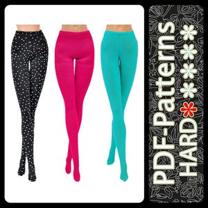 Könnte beinhalten: Drei Paar Puppen-Leggings in verschiedenen Farben. Ein Paar ist schwarz mit weißen Punkten, ein weiteres ist leuchtend rosa und das dritte ist türkis. Das Bild enthält auch eine schwarz-weiße Grafik mit dem Text "PDF-Patterns HARD".