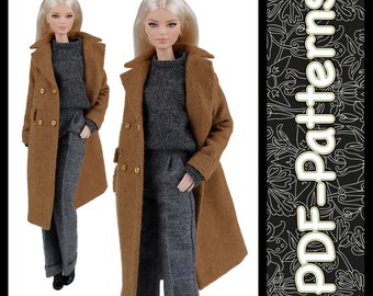 PDF Pattern Classic camel wool coat for 11 1/2″ Poppy Parker, Pivotal, Repro, Curvy, Made-to-Move, Silkstone Barbie doll (no instructions)