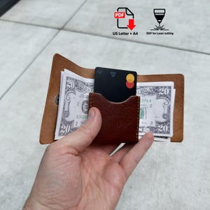 Puede incluir: Una cartera de cuero marrón con una ranura central que contiene una tarjeta de pago negra y dos compartimentos laterales con billetes de veinte dólares. Incluye iconos para formatos PDF US Letter, A4 y DXF para corte láser.