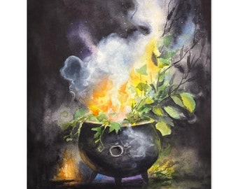 Peut inclure: Un chaudron noir avec des plantes vertes et de la fumée qui s'en échappe. Le chaudron est posé sur un fond sombre avec un petit feu au premier plan. L'image est peinte à l'aquarelle.