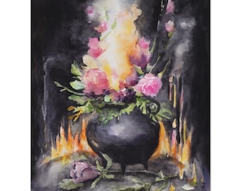 Peut inclure: Une peinture à l'aquarelle d'un chaudron noir avec des fleurs roses et des feuilles vertes. Le chaudron est posé sur un lit de flammes orange. L'arrière-plan est sombre et enfumé.
