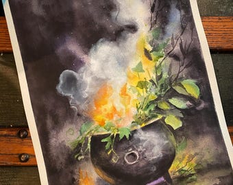 May include: Watercolour painting of a black cauldron with flames and smoke. Green foliage and yellow flames rise from the cauldron against a dark background. The artwork is signed "A. Cesari".